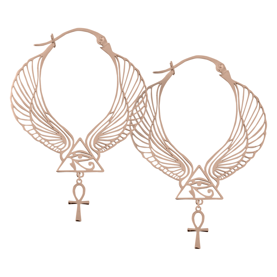 Cleopatra Hoops in Roségold mit Ankh-Symbol Roségoldene Cleopatra Hoops mit Flügel- und Ankh-Design auf weißem Hintergrund