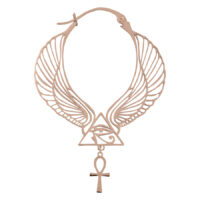 Cleopatra Hoops in Roségold mit Ankh-Anhänger Roségoldene Ohrringe Cleopatra Hoops mit Flügel-Design und Ankh-Anhänger auf weißem Hintergrund