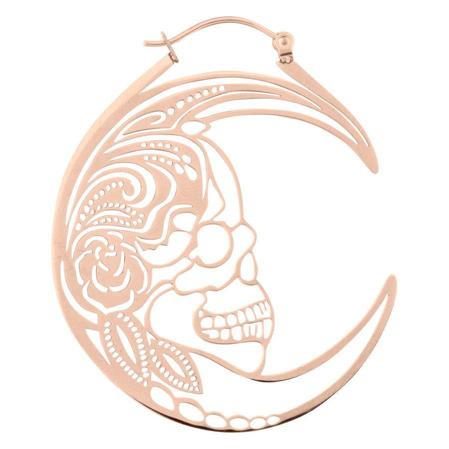 Pendientes de oro rosa con diseño de calavera sobre fondo blanco