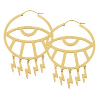 Thunderflash Eye Hoops Aros Dorados Aros dorados Thunderflash Eye con colgantes de rayo sobre fondo blanco