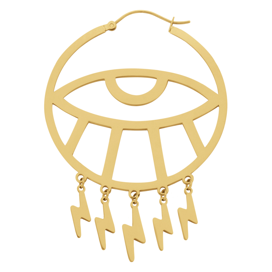 Aros Thunderflash Eye dorados Aros dorados con forma de ojo y colgantes de rayo sobre fondo blanco