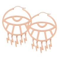 Thunderflash Eye Hoops de oro rosado con colgantes de rayo sobre fondo blanco
