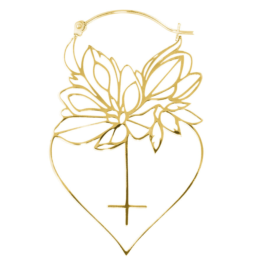 Dahlia Hoops Pendientes de Oro de Acero Quirúrgico Pendientes Dahlia Hoops dorados con diseño floral sobre fondo blanco