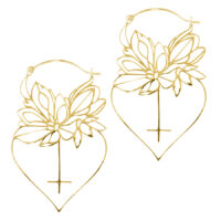 Dahlia Hoops - Pendientes dorados brillantes Pendientes Dahlia Hoops dorados con motivo floral sobre fondo blanco