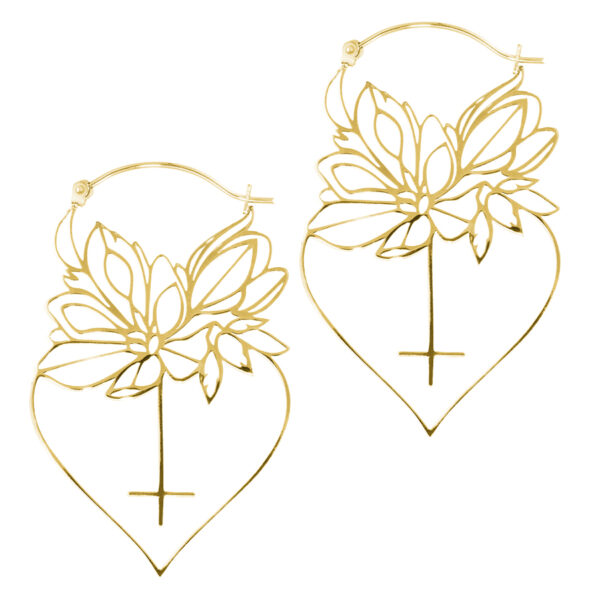 Pendientes Dahlia Hoops dorados con motivo floral sobre fondo blanco