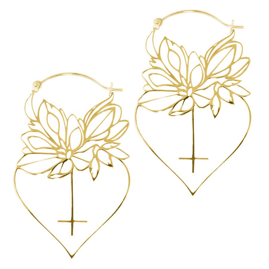Dahlia Hoops - Pendientes dorados brillantes Pendientes Dahlia Hoops dorados con motivo floral sobre fondo blanco