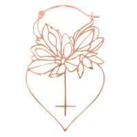 Roségoldene Dahlia Hoops Ohrringe in Herzform mit Blumenmuster auf weißem Hintergrund