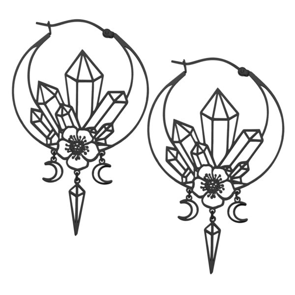 Aros negros con motivo de cristal y flores sobre fondo blanco