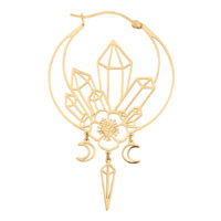 Aros dorados Oracle Hoops en diseño de cristal Aros dorados con colgantes de cristal y luna sobre fondo blanco