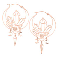 Roségoldene Ohrringe mit geometrischen Kristall- und Mondanhängern auf weißem Hintergrund