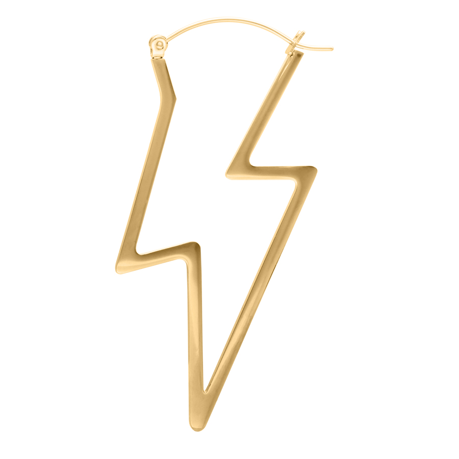 Thunderbolt Hoops - Pendientes Dorados Pendiente dorado en forma de rayo de acero quirúrgico sobre fondo blanco