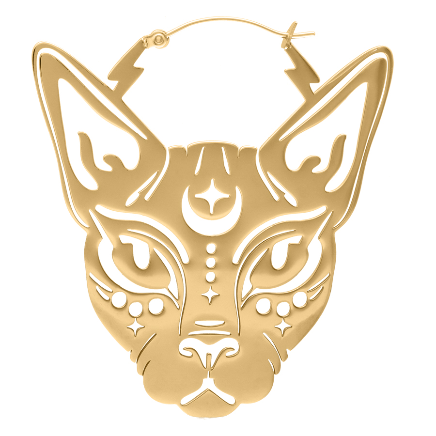 Aros Sphynx Dorados - Wildcat Aros dorados en forma de gato con diseño Sphynx, superficie brillante