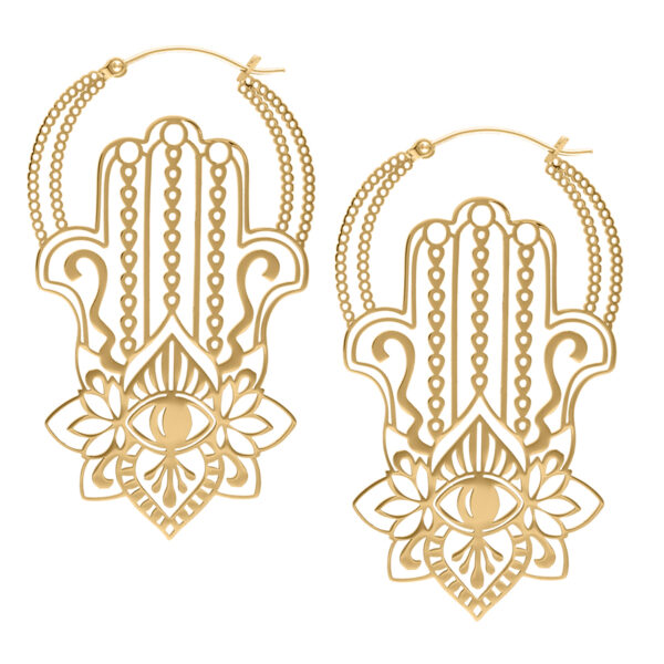 Pendientes Khamsa Hoops dorados con diseño detallado sobre fondo blanco