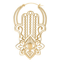 Khamsa Hoops Aros de Oro en Acero Quirúrgico Aro dorado Khamsa Hoops de acero quirúrgico con diseño detallado sobre fondo blanco