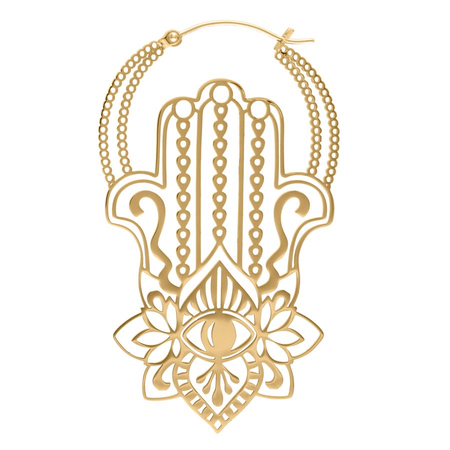 Khamsa Hoops Aros de Oro en Acero Quirúrgico Aro dorado Khamsa Hoops de acero quirúrgico con diseño detallado sobre fondo blanco