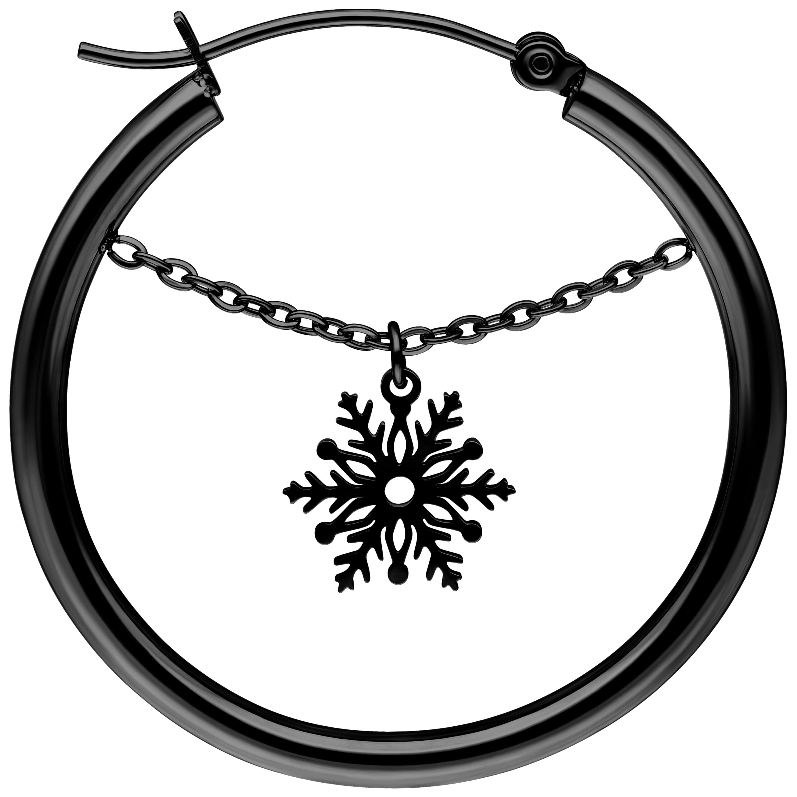 Pendientes de copo de nieve negros de acero quirúrgico Pendientes negros con copo de nieve colgante sobre fondo blanco