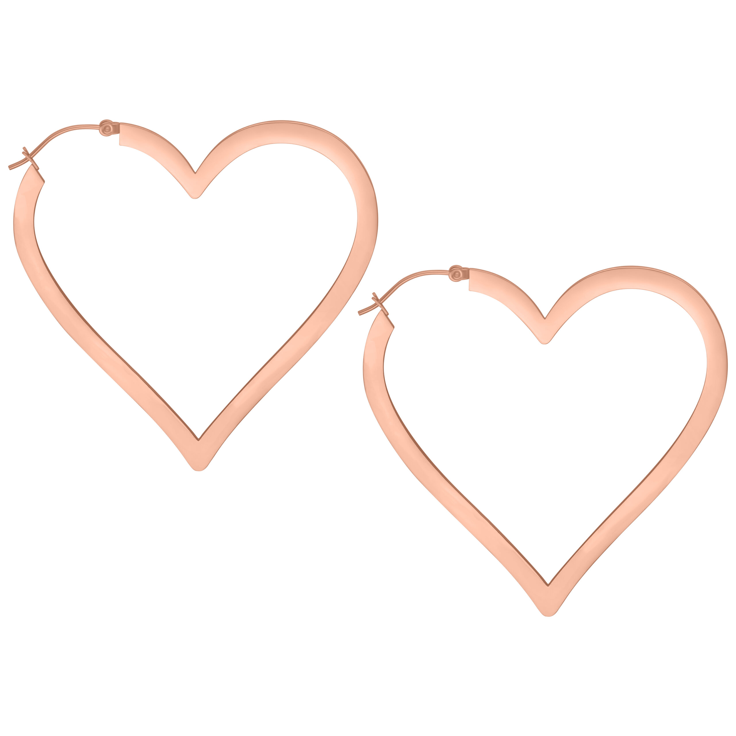 Roségoldene Herz-Ohrringe aus Chirurgenstahl Zwei herzförmige Ohrringe aus roségoldenem Chirurgenstahl auf weißem Hintergrund