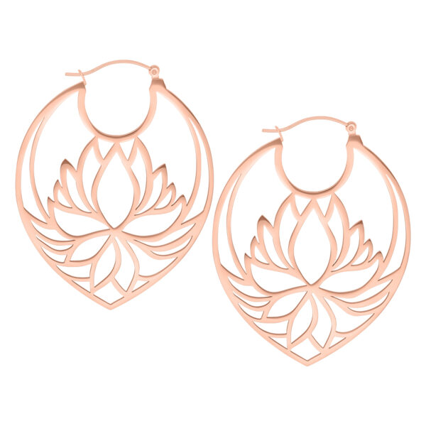 Aros Lotus de oro rosa con cierre de bisagra sobre fondo blanco