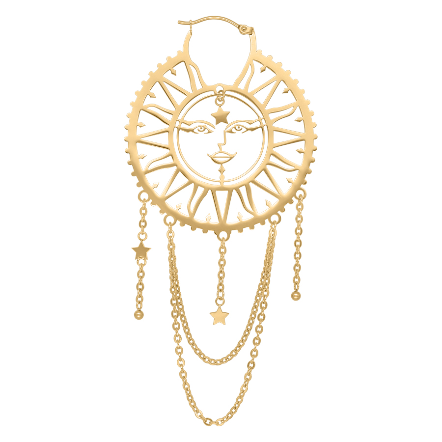 Pendientes de Sol y Luna dorados de acero quirúrgico Pendientes dorados con motivo de sol y luna y colgantes de cadena sobre fondo blanco