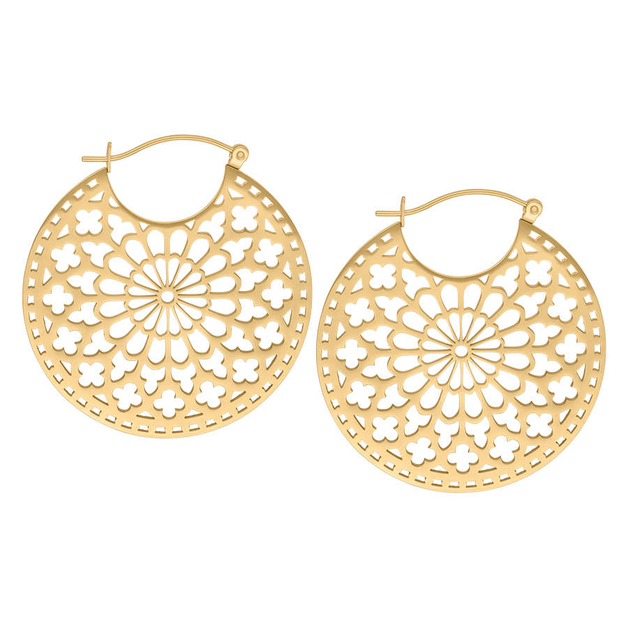 Cathedral Hoops Pendientes Dorados Pendientes redondos dorados con diseño delicado sobre fondo blanco