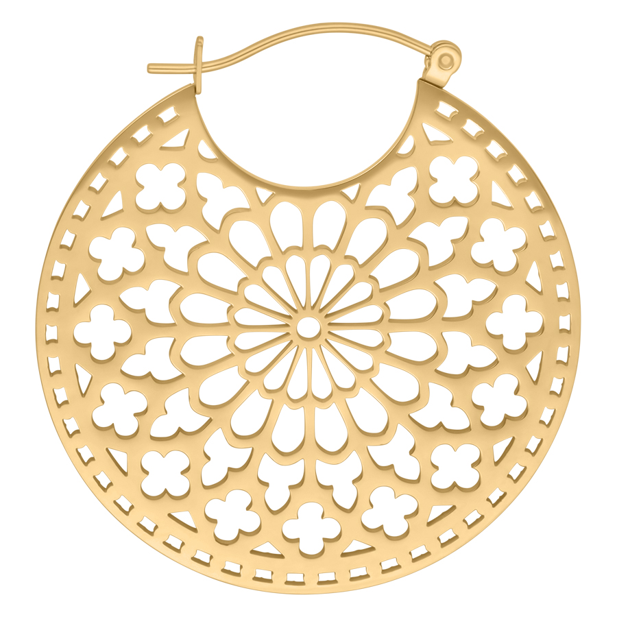 Cathedral Hoops Pendientes en Oro Pendientes redondos dorados con diseño delicado sobre fondo blanco