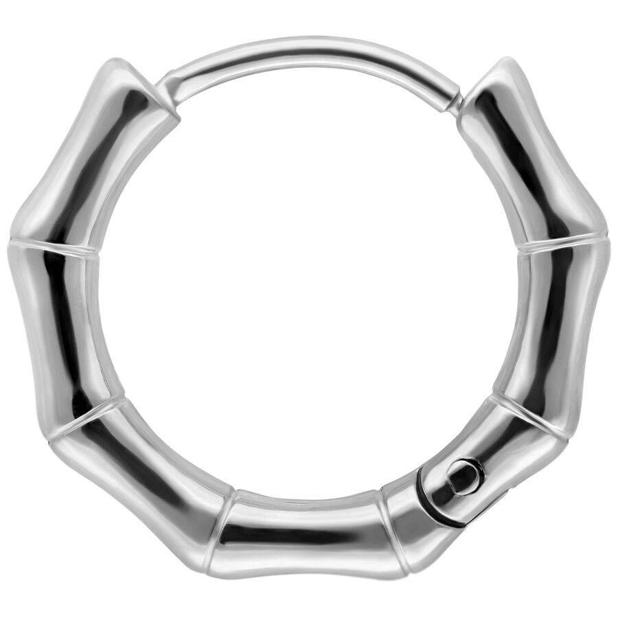 Pendiente plateado con diseño de bambú de acero inoxidable sobre fondo blanco
