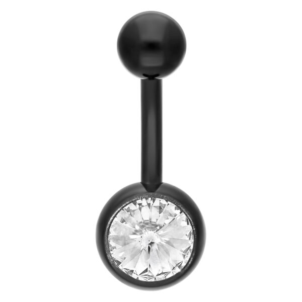 Piercing de ombligo negro de titanio con cristal claro, 12mm de largo sobre fondo blanco