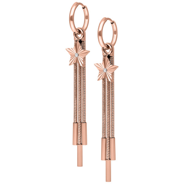 Aros de oro rosado con colgante de estrella sobre fondo blanco