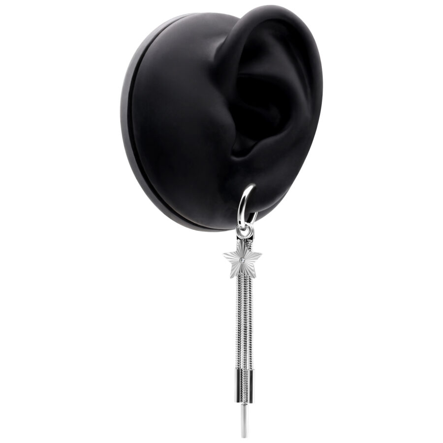 Aros de estrella plateados de acero inoxidable en un modelo de oreja negra sobre fondo blanco