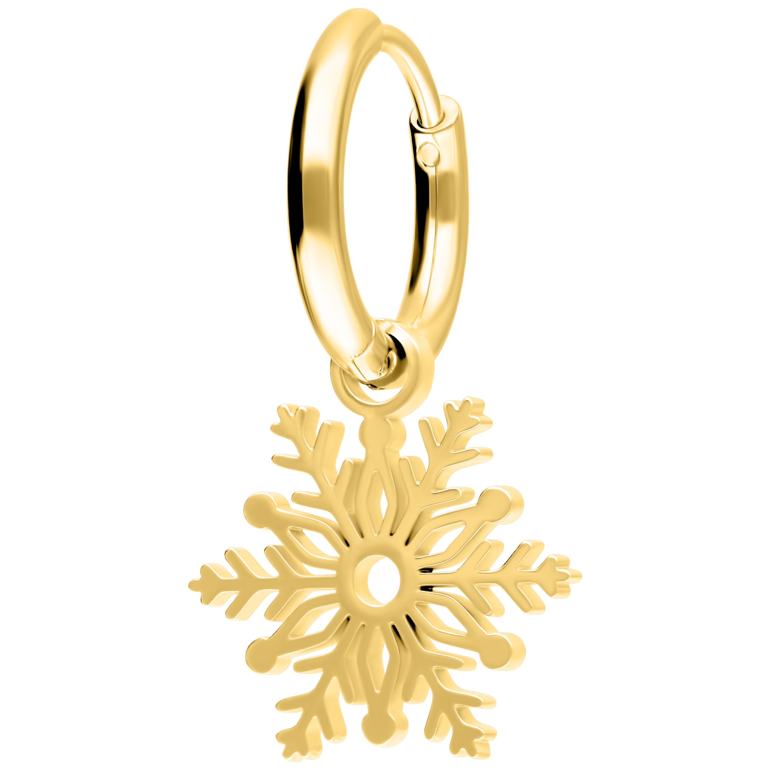 Pendientes de copo de nieve dorados de acero quirúrgico Pendientes dorados con colgante de copo de nieve sobre fondo blanco