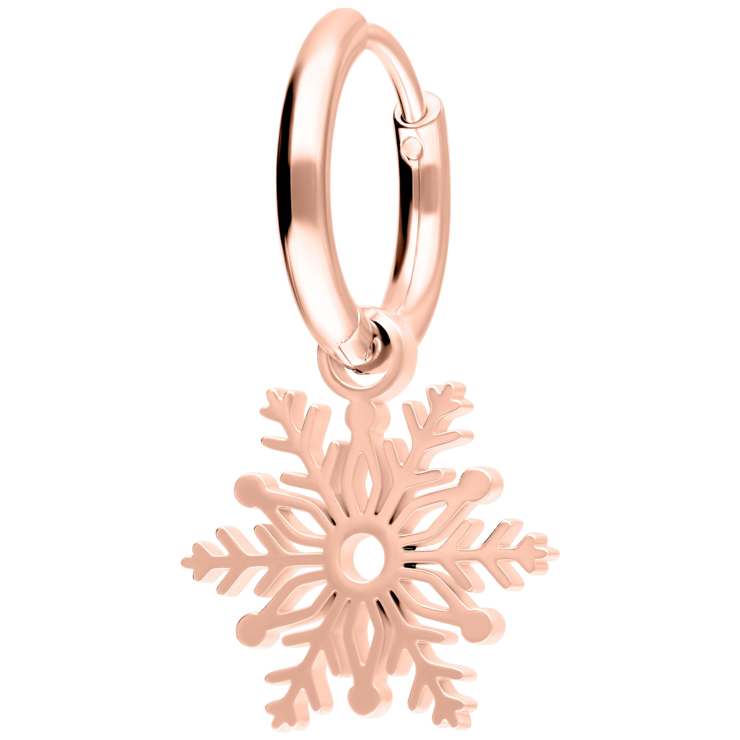 Roségoldene Little Snowflake Hoops Ohrringe Roségoldene Ohrringe mit Schneeflocken-Anhänger auf weißem Hintergrund