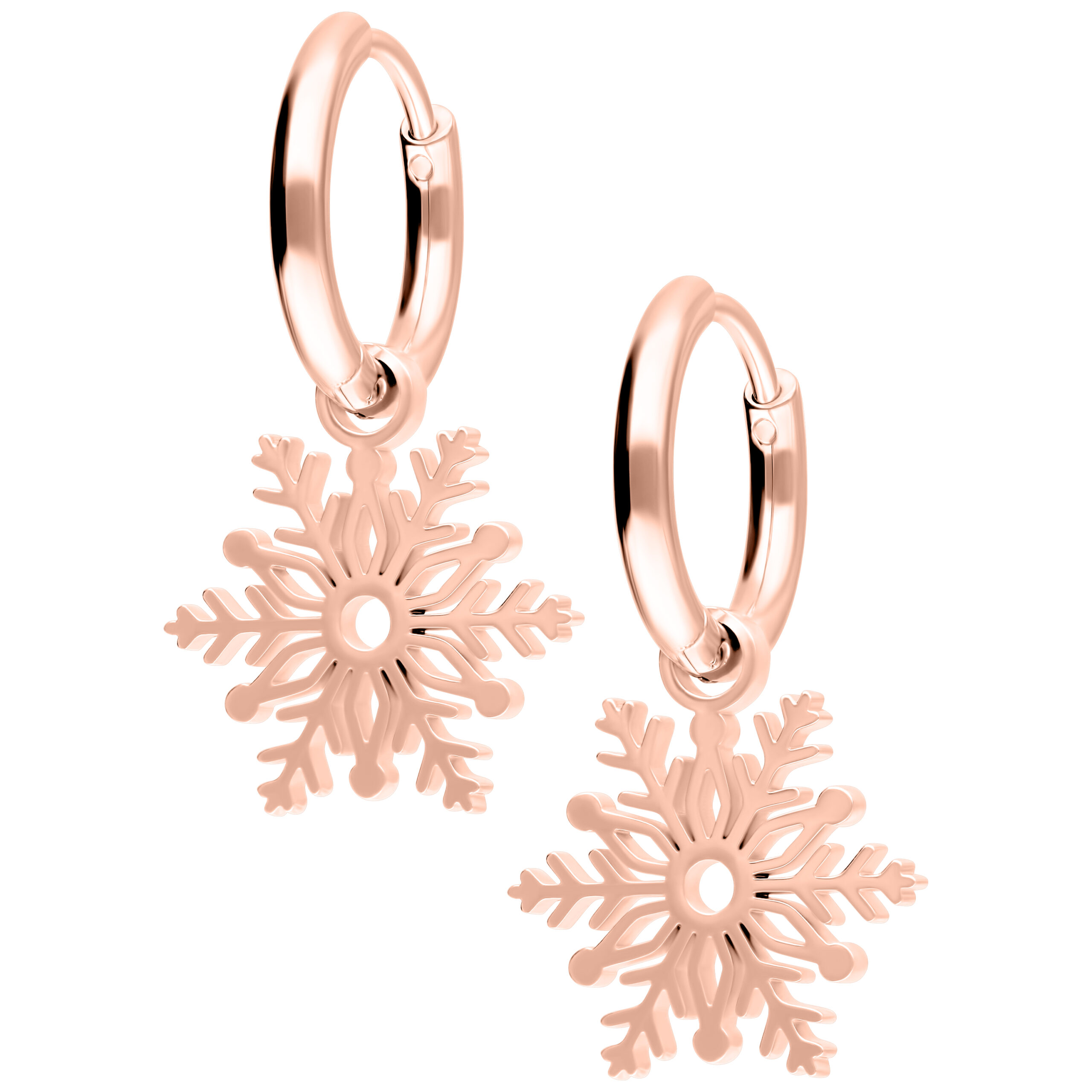 Little Snowflake Hoops Roségold Ohrringe Roségoldene Ohrringe mit Schneeflocken-Anhänger auf weißem Hintergrund