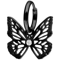 Aros negros en forma de mariposa con cristal sobre fondo blanco