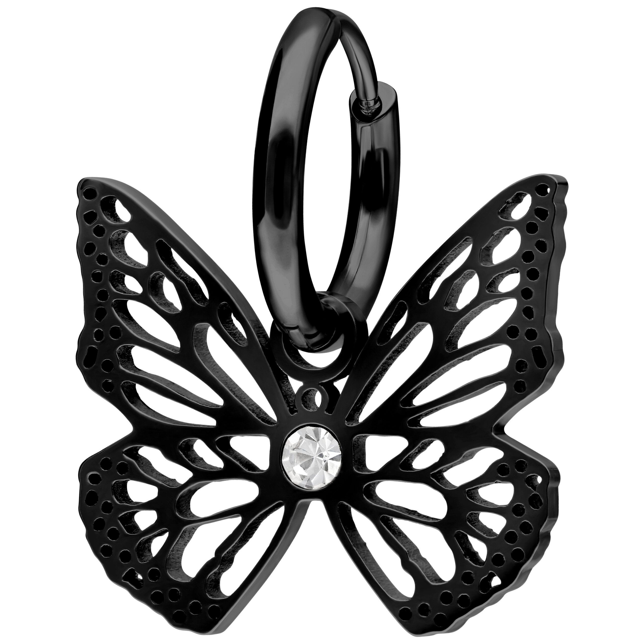 Aros negros en forma de mariposa con cristal sobre fondo blanco