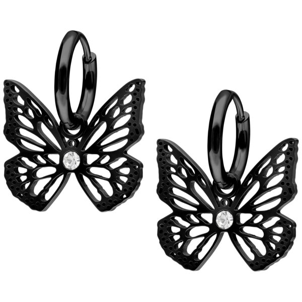 Pendientes negros con colgante de mariposa de acero quirúrgico, superficie brillante