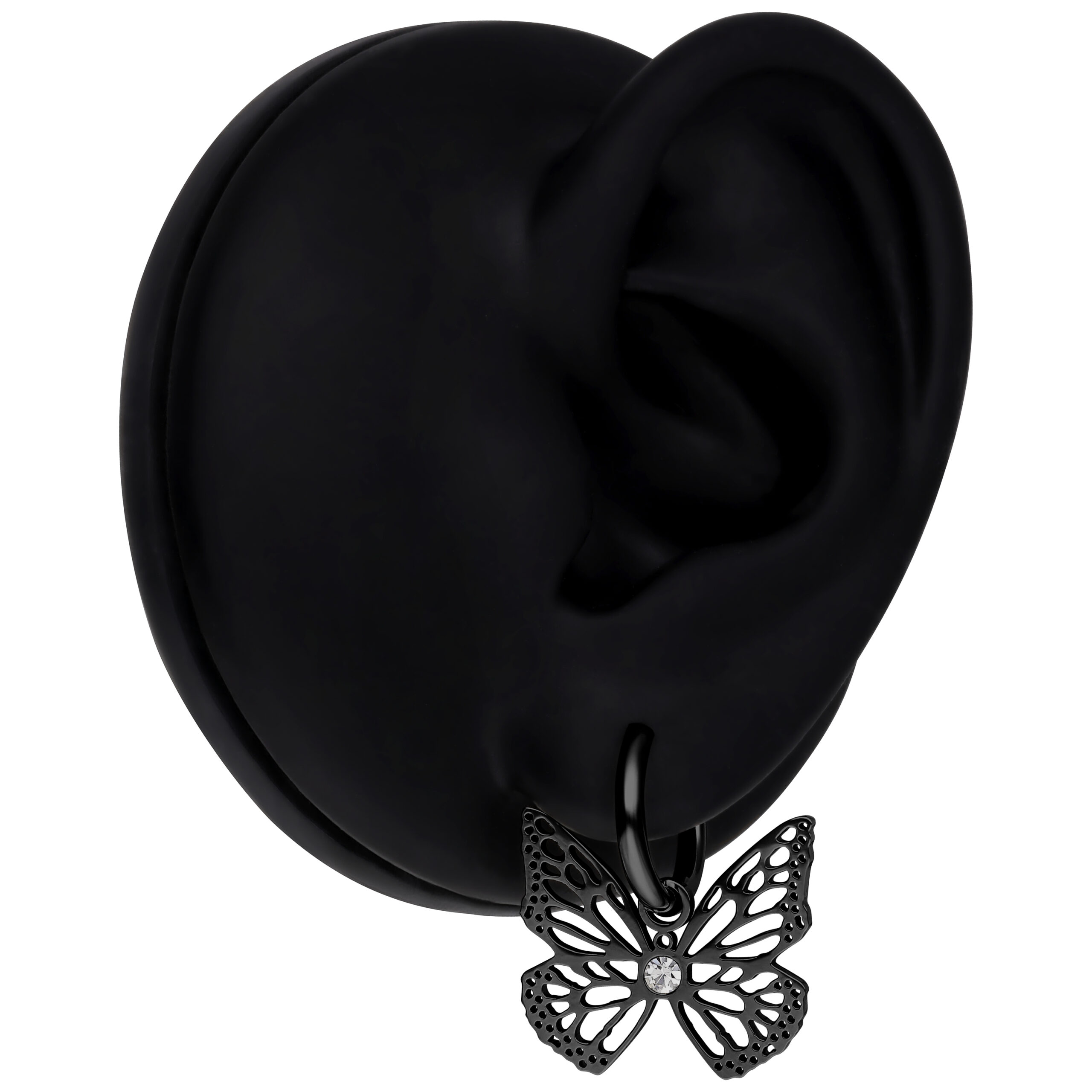 Aros negros con colgante de mariposa de acero quirúrgico en modelo de oreja negra