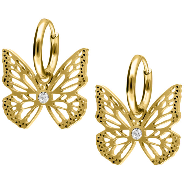 Dos pendientes de mariposa dorados de acero quirúrgico con cristal claro sobre fondo blanco