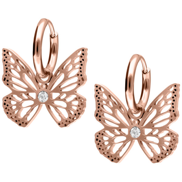 Pendientes de mariposa en oro rosa de acero quirúrgico con cristales claros sobre fondo blanco