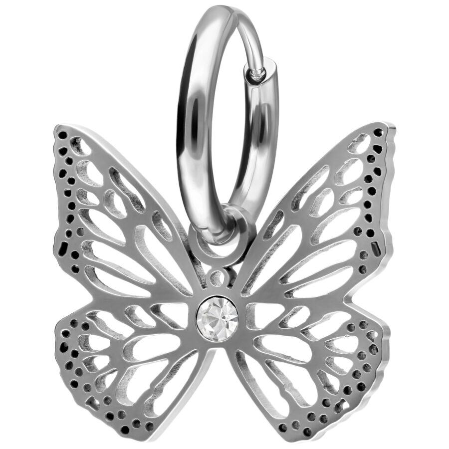 Pendientes de mariposa plateados de acero inoxidable con cierre plegable sobre fondo blanco