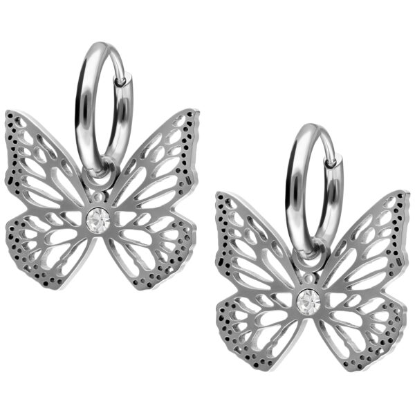 Pendientes de mariposa plateados de acero inoxidable con cristal sobre fondo blanco