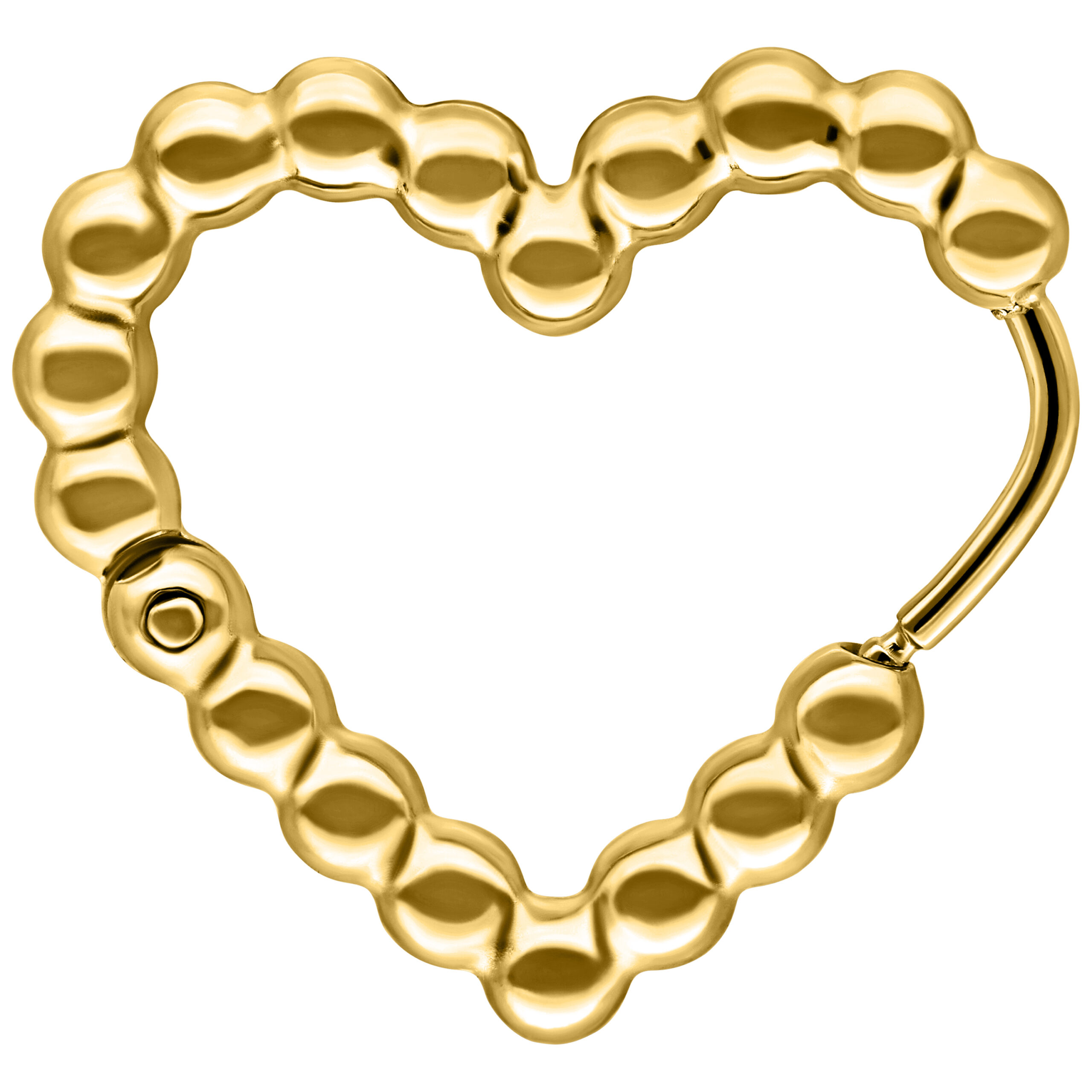 Aros dorados con diseño de burbuja y corazón sobre fondo blanco
