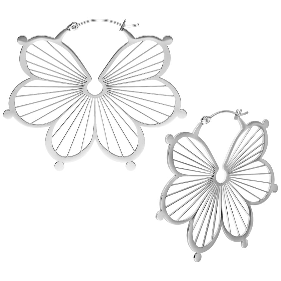 Dos aros Flower de plata sobre fondo blanco, pulidos y resistentes al agua