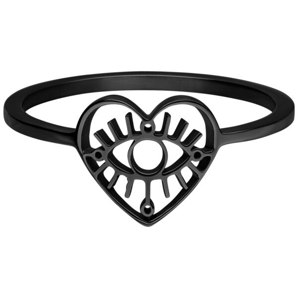 Anillo negro con motivo de ojo de acero quirúrgico sobre fondo blanco