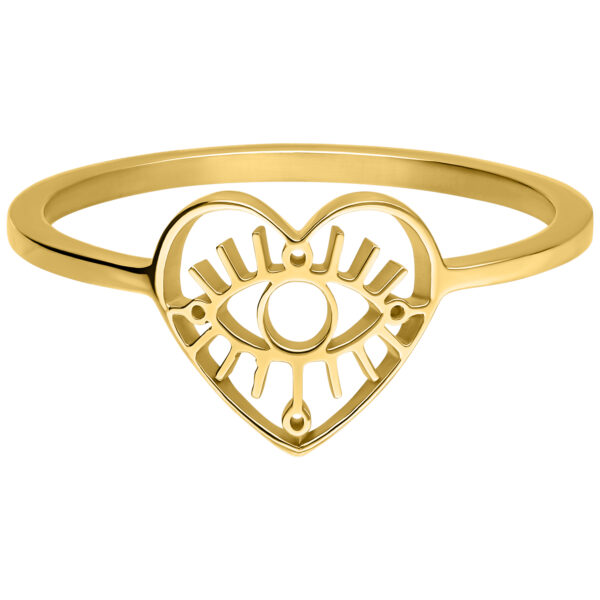 Anillo dorado con diseño de corazón y ojo sobre fondo blanco