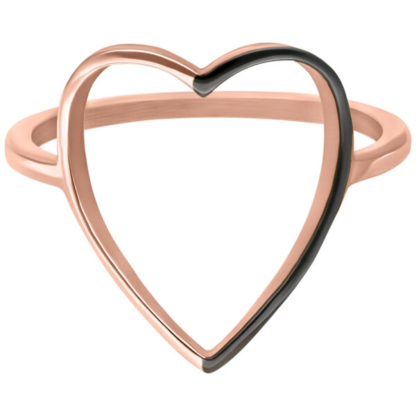 Anillo de corazón en oro rosa con acento negro, tamaño 17,0 mm sobre fondo blanco