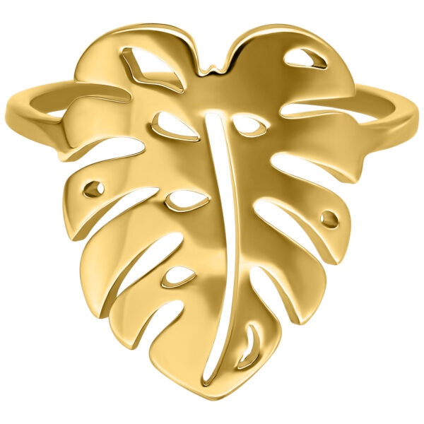 Anillo dorado en forma de hoja de Monstera sobre fondo blanco