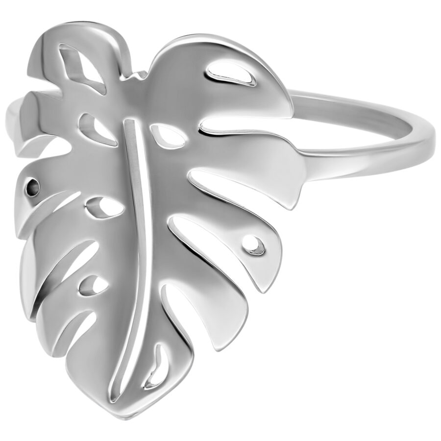 Anillo plateado en forma de Monstera sobre fondo blanco