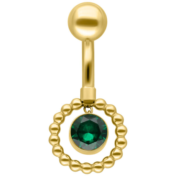Piercing de ombligo dorado con colgante de cristal verde esmeralda sobre fondo blanco