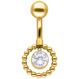 Piercing de ombligo dorado con piedra cristalina y anillo sobre fondo blanco