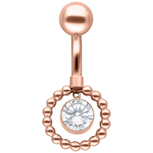 Piercing de ombligo de oro rosa con piedra cristalina y diseño de bola sobre fondo blanco